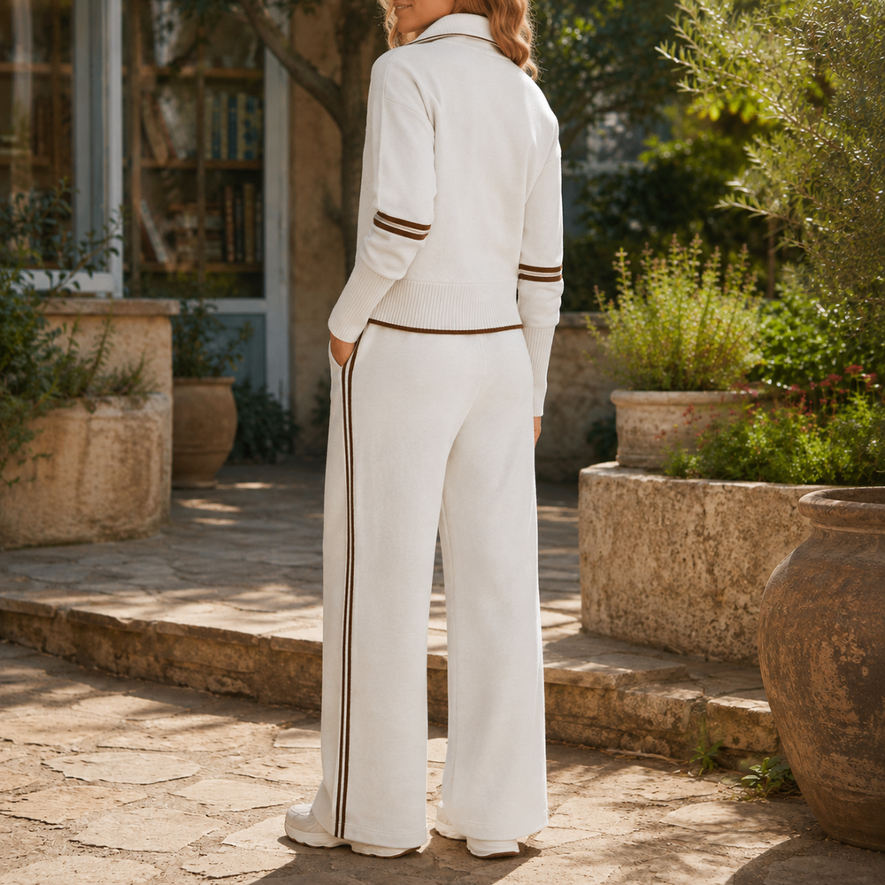 Women's Two Piece Set with Half-Zip Top and Striped Wide Leg Trousers White