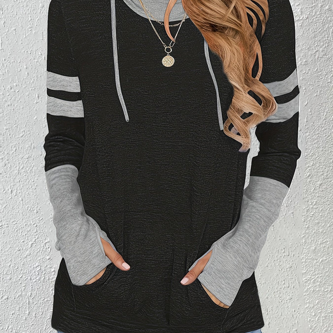 Women's Two-Tone Drawstring Hoodie with Thumbhole Cuffs Black