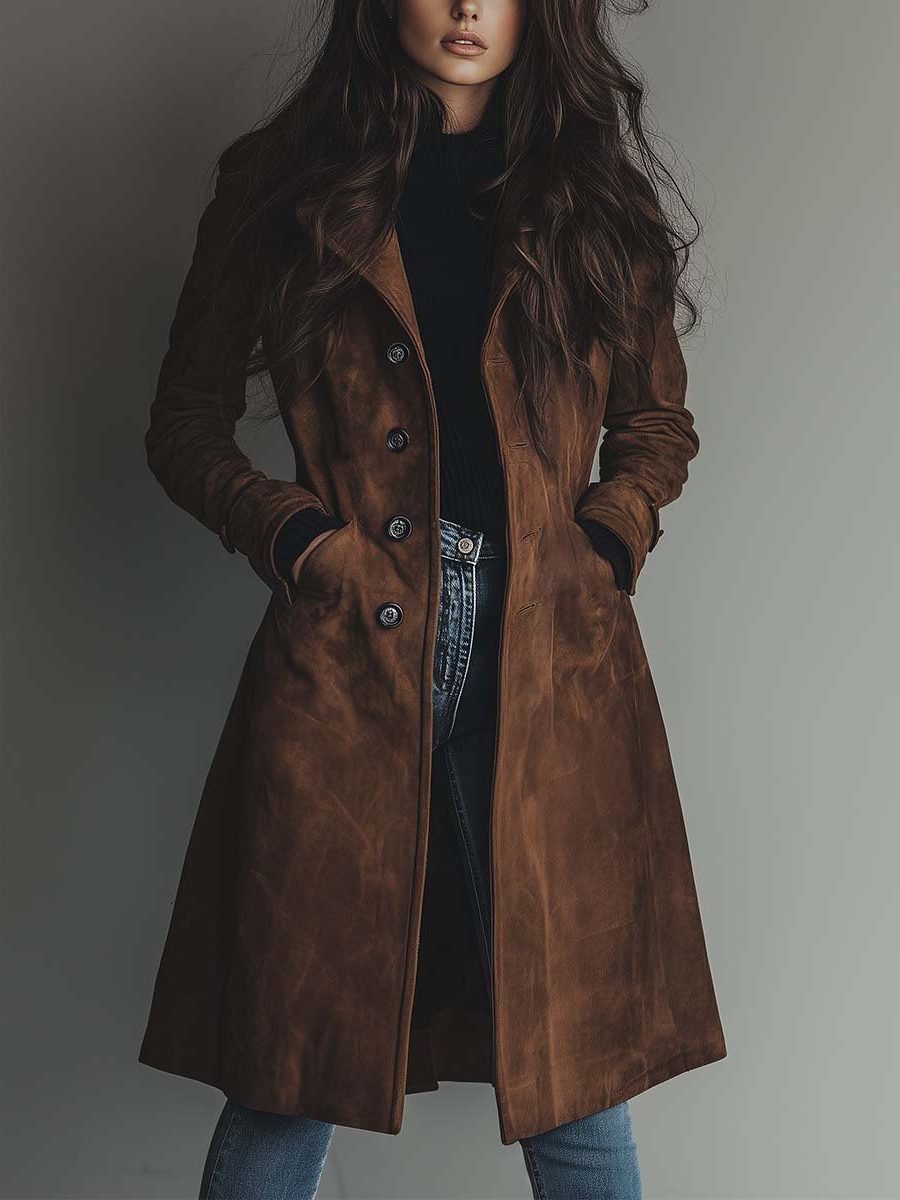 Women's Vintage Double Breasted Trench Coat with Relaxed Fit Brown
