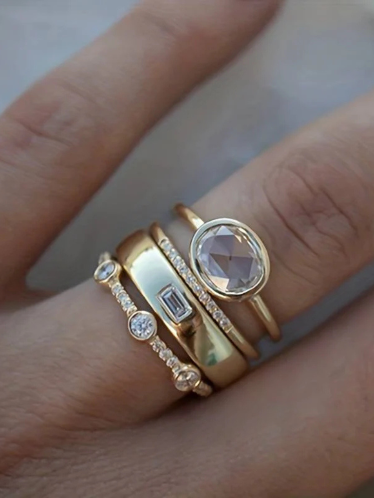 Women's Vintage Stacking Ring Set with Sparkling Accents Gold