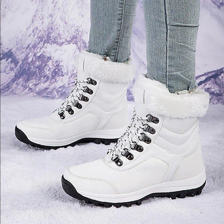 Women's Waterproof Hiking Boots with Plush Collar and Hook Eyelets White