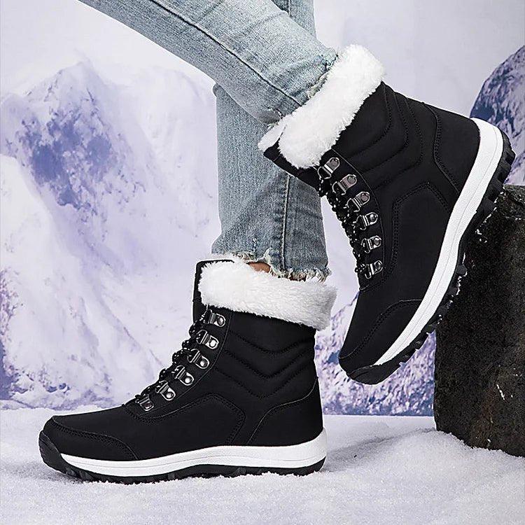 Women's Waterproof Hiking Boots with Plush Collar and Hook Eyelets Black
