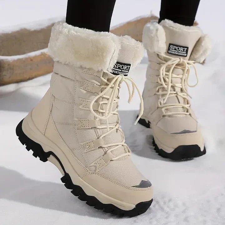 Women's Waterproof Lace-Up Snow Boots with Plush Cuff and Lug Sole Beige