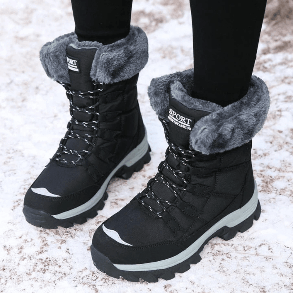 Women's Waterproof Lace-Up Snow Boots with Plush Cuff and Lug Sole Black
