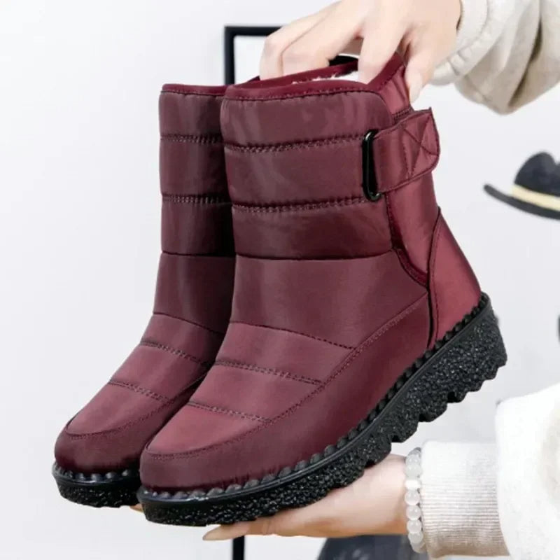 Women's Waterproof Quilted Snow Boots with Buckle Strap and Grip Sole Red
