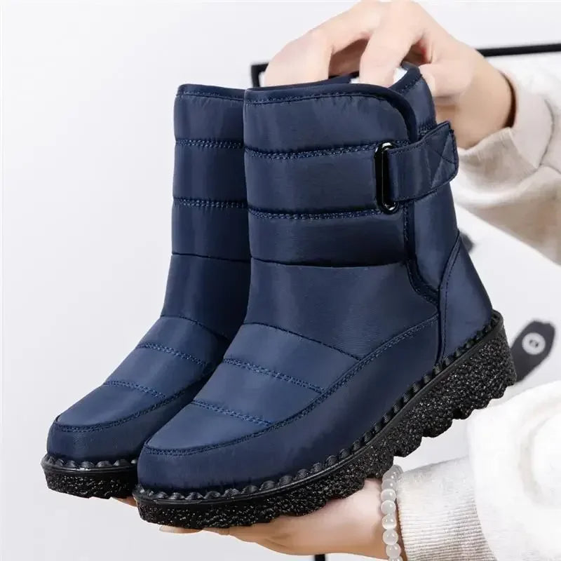 Women's Waterproof Quilted Snow Boots with Buckle Strap and Grip Sole Blue