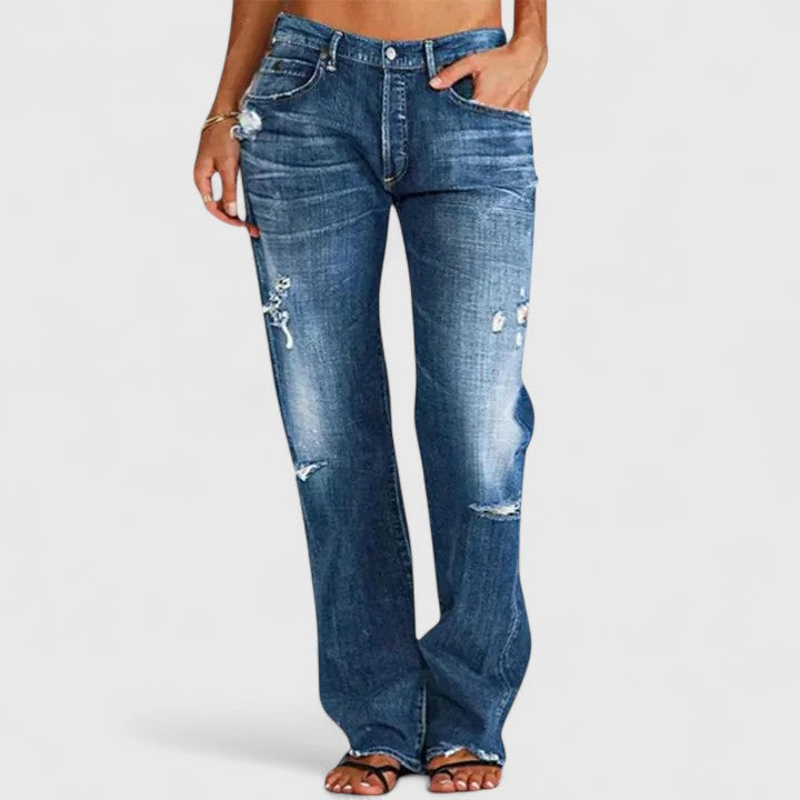 Women's Wide Leg Jeans with Low Rise Waist and Distressed Detail Dark Blue