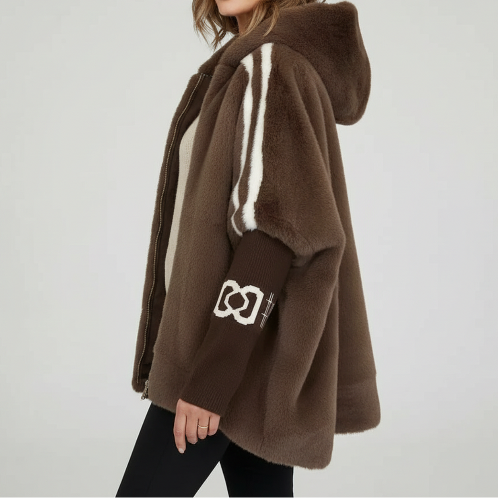 Women's Winter Faux Fur Jacket with Hood and Ribbed Cuffs Brown