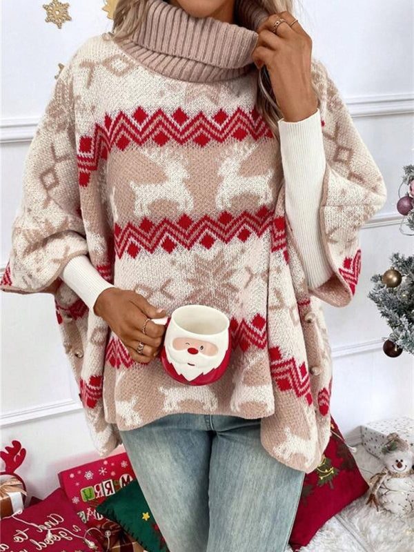 Women's Winter Poncho Jumper with Reindeer Pattern and Turtleneck