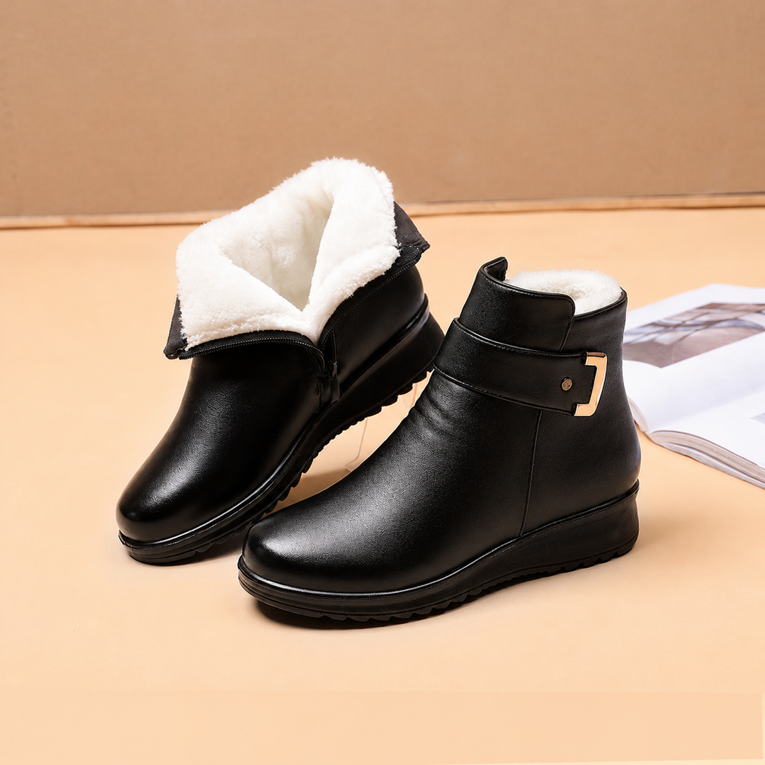 Women's Winter Wedge Ankle Boots with Fold-Over Cuff and Buckle Black