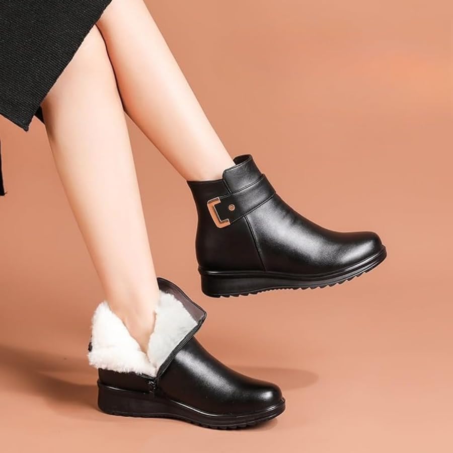 Women's Winter Wedge Ankle Boots with Fold-Over Cuff and Buckle